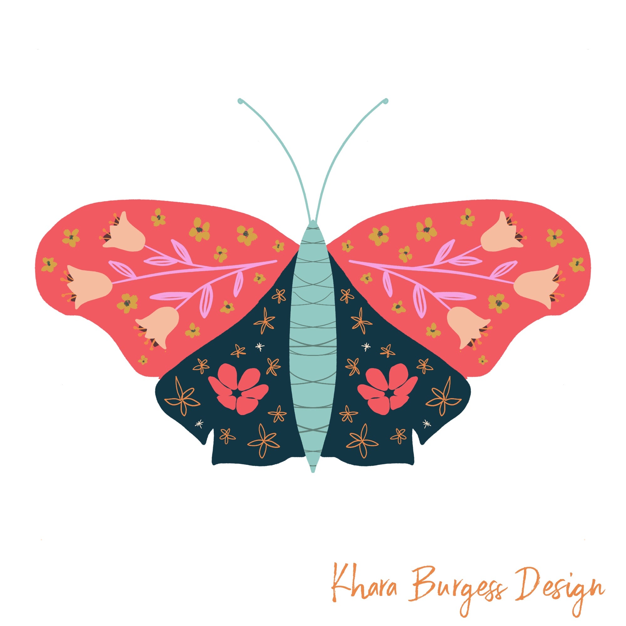 Butterfly folk art illustration bright colours colourful digital